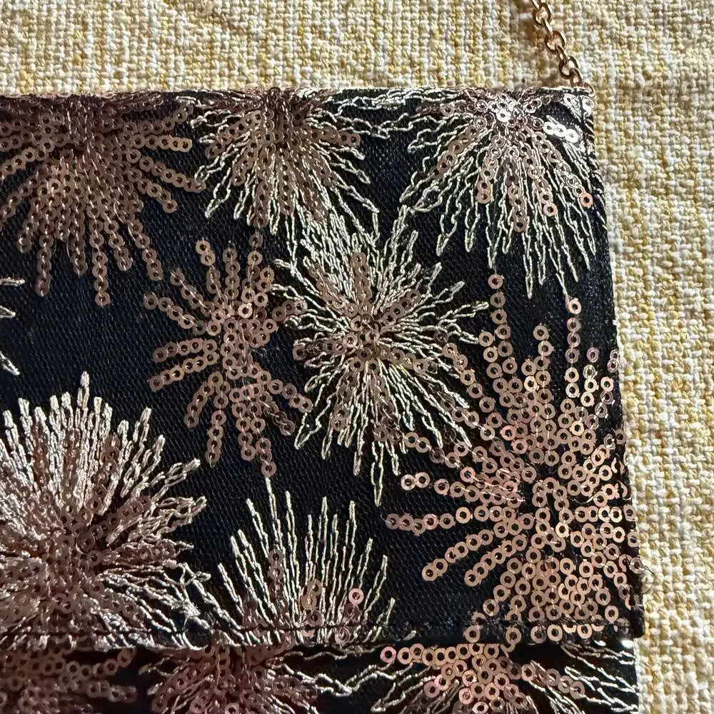 Dressbarn Black and Rose Gold Sequin Starburst Evening Clutch with Chain Strap